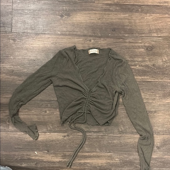 Altar'd State Olive Ruched Ribbed Blouse - Picture 1 of 1